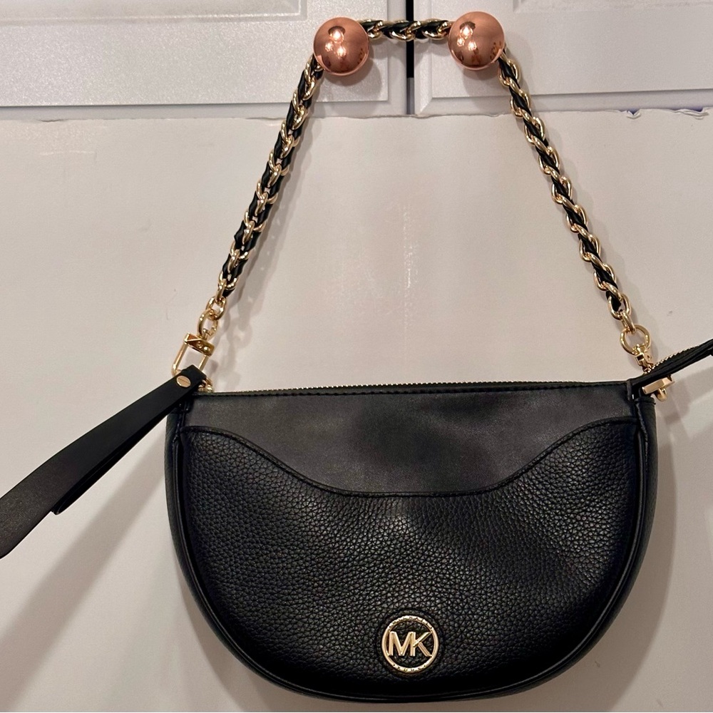 Michael Kors Black Pebbled Leather Dover Half Moon Purse with Gold Chain